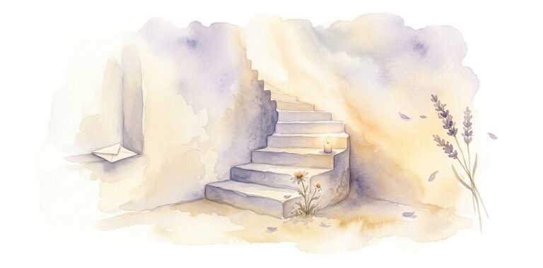 Gently curving stone staircase in a dream climbing upward through warm light with seven distinct steps, a small candle on a middle step and a wildflower below