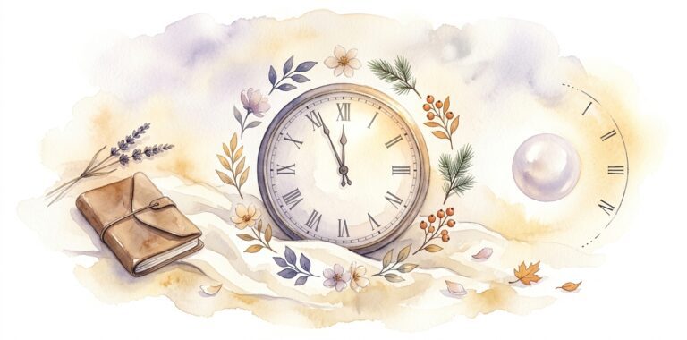 Reloj antiguo en un sueño sobre lino crema con doce sutiles números romanos alrededor de la esfera y un anillo de doce ramitas de follaje estacional rodeándolo