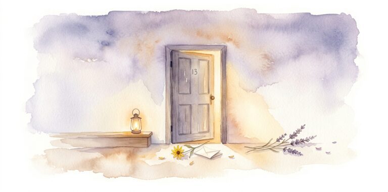Quiet wooden door in a dream slightly ajar on cream linen with warm light spilling through the gap and a wildflower and a folded note at the threshold