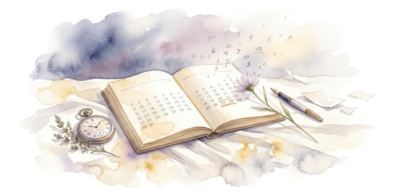 Open vintage paper calendar in a dream on cream linen with a faintly underlined date, an antique pocket watch on one side and a wildflower with a fountain pen on the other