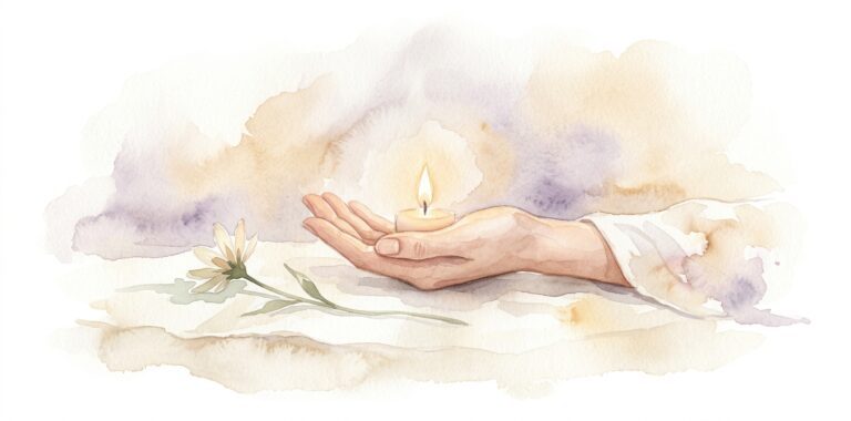 Open palm in a dream gently cradling a small candle with a delicate steady flame on cream linen with a single wildflower resting at the side
