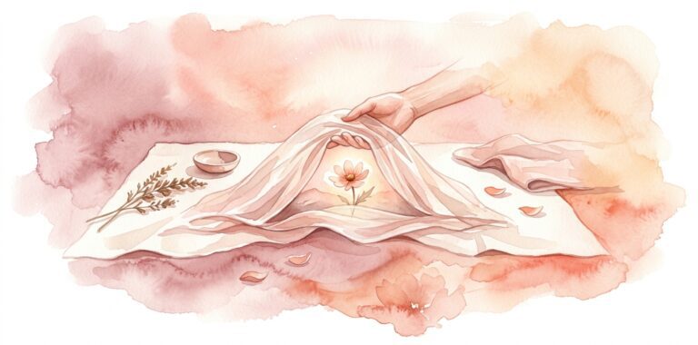 Folded delicate veil in a dream gently parted by an open hand to reveal a small wildflower resting beneath on cream linen with a sprig of dried herb and a small ceramic dish nearby
