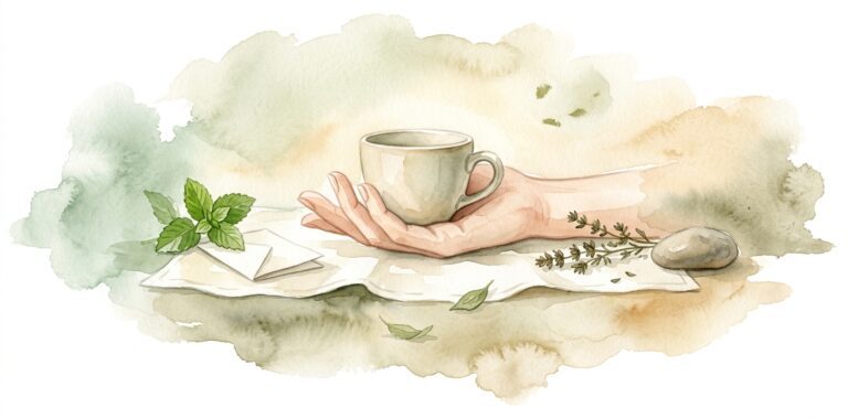 Open hand in a dream gently turning a small ceramic cup over on cream linen with a sprig of fresh mint and a folded note beside it and dried thyme on the other side