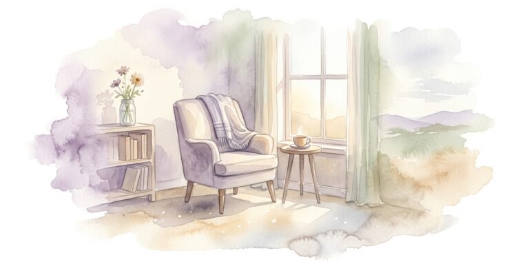 Silla solitaria en un sueño junto a una ventana tranquila con una manta doblada en el respaldo y una taza de té caliente sobre una mesa pequeña y una flor en un frasco al lado