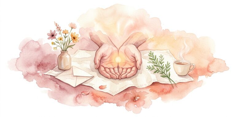 Two open hands in a dream cupped together gently holding a small soft warm light at their center on cream linen with a few wildflowers in a ceramic vase nearby