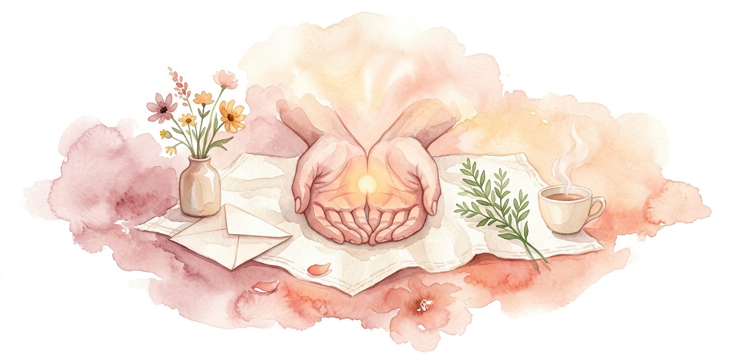 Two open hands in a dream cupped together gently holding a small soft warm light at their center on cream linen with a few wildflowers in a ceramic vase nearby