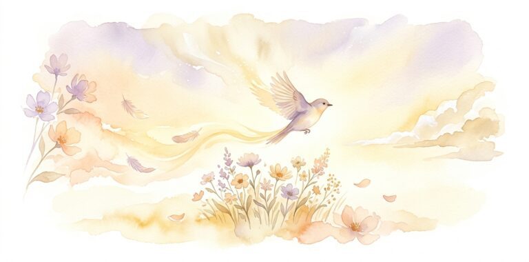 Single small bird in a dream mid-flight against a luminous warm sky with wings open and a gentle golden trail flowing behind it and a few wildflowers below