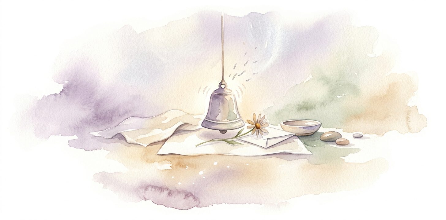 Single small bell in a dream hanging quietly on a thin cord with a faint shimmer rising from it and a wildflower and a folded note resting on a small surface beside it
