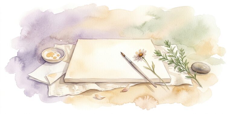 Empty cream-paper canvas in a dream resting on cream linen with a slim paint brush across it and a single wildflower beside it and a small ceramic dish with a folded note nearby