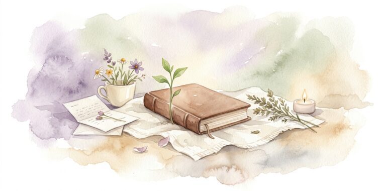 Closed leather book in a dream lying on cream linen with a small fresh green sprout rising gently from beside its spine and a folded letter and wildflowers in a cup nearby