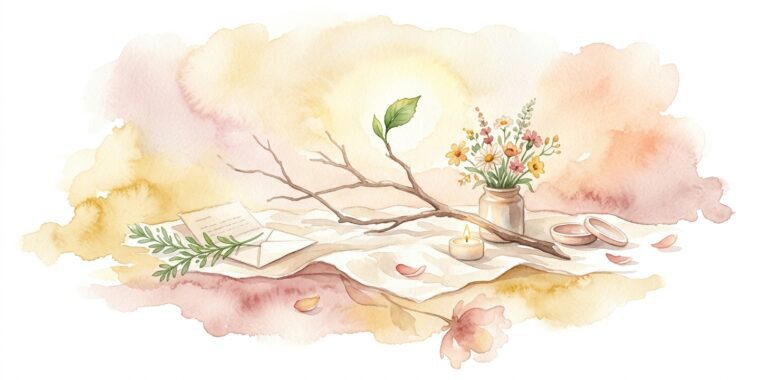 Single bare branch in a dream with one new green leaf unfurling at its tip on cream linen with wildflowers in a small ceramic jar and a small lit candle beside it