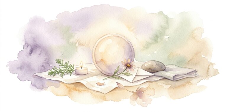 Single small protective shield in a dream resting on cream linen with a wildflower and a folded note beside it and a sprig of fresh herb and a small lit candle nearby