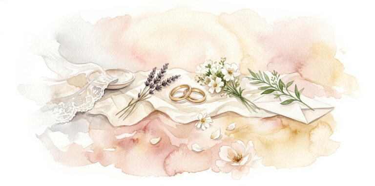Two interlinked golden rings in a dream resting gently on cream linen with a sprig of dried lavender and a small bouquet of white wildflowers and a folded lace veil beside