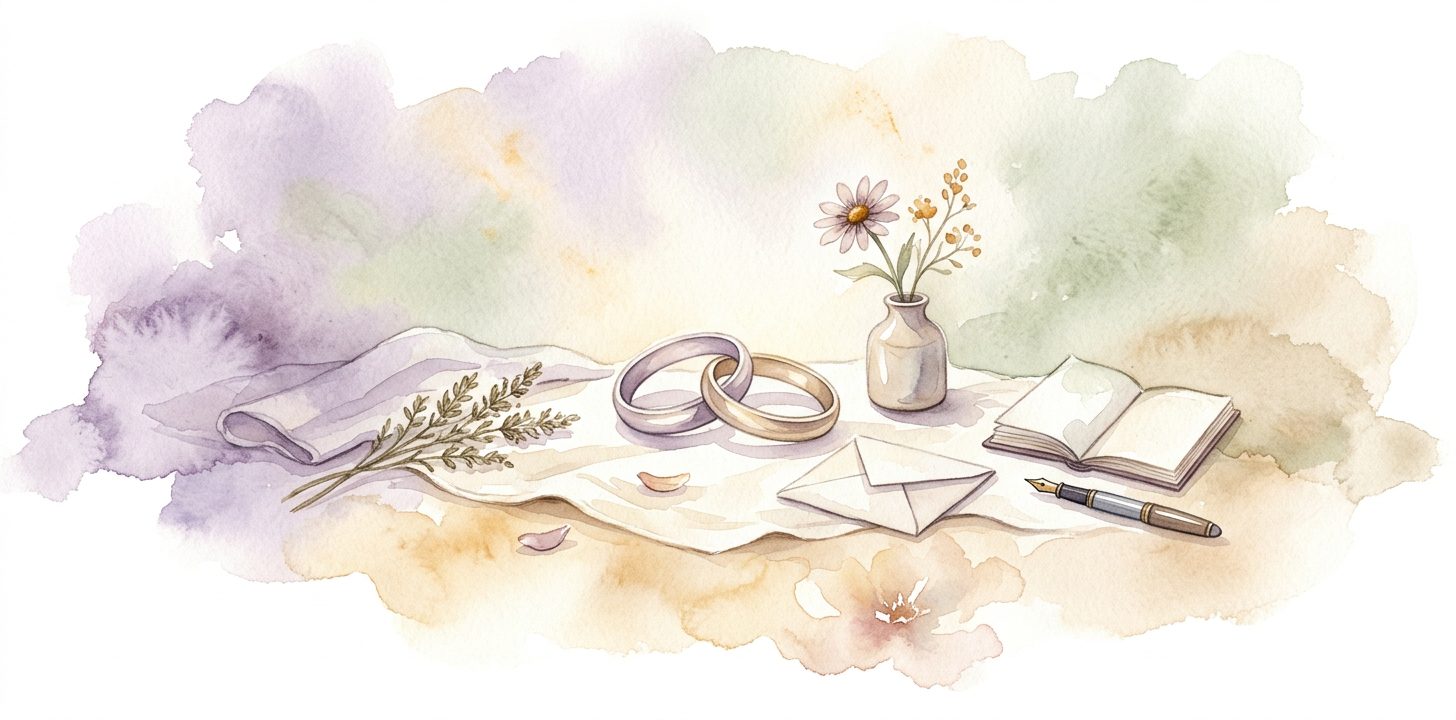 Two interlocked rings in a dream on cream linen with one gently set down a little apart from the other and a wildflower in a small ceramic vase and a folded letter beside