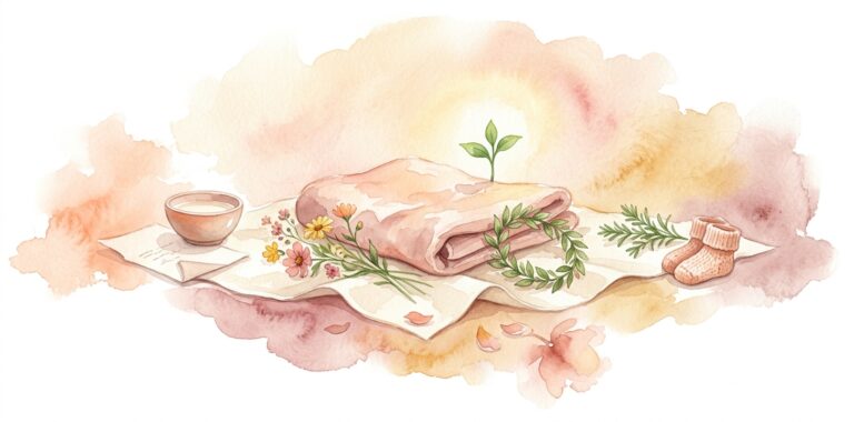 Folded soft cloth in a dream resting on cream linen with a small new green sprout rising gently beside it and wildflowers, a small leaf wreath and a ceramic bowl nearby