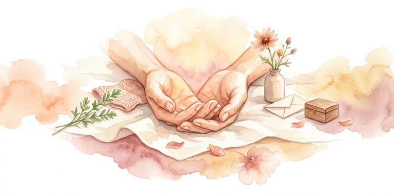 Two open hands in a dream cradling one another's fingers in a gentle gesture on cream linen with a wildflower in a ceramic vase and a folded note beside them