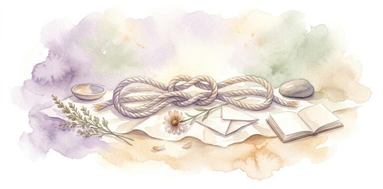 Tangled length of natural fiber rope in a dream laid on cream linen with a clear knot in the middle and a wildflower and a folded note beside and a sprig of dried herb nearby