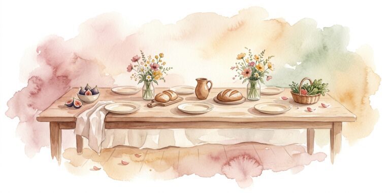 Long wooden table in a dream set with cream plates, soft loaves of bread, a small earthen pitcher and bouquets of wildflowers ready to gather people