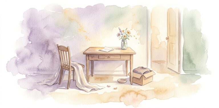 Small empty wooden desk in a dream gently emptied on a cream floor with a folded note and wildflowers in a glass jar on its surface and a wooden chair pulled aside