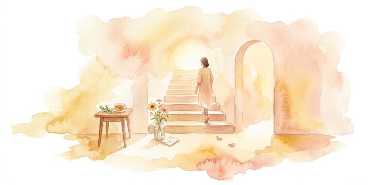 Single staircase in a dream rising upward into warm light with one figure ascending calmly and a wildflower in a glass jar and a folded note on the cream floor