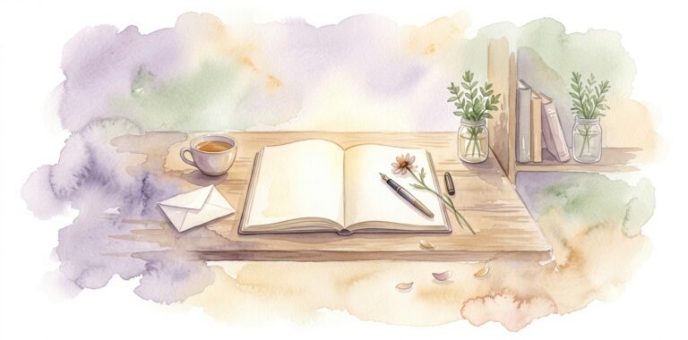 Cream notebook open to its first blank page in a dream on a wooden desk with a fountain pen and a single wildflower beside it and a ceramic cup of warm tea nearby