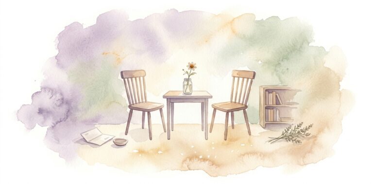 Two empty wooden chairs in a dream facing each other across a small table with a single wildflower in a glass jar at the center and a folded letter and a ceramic dish nearby