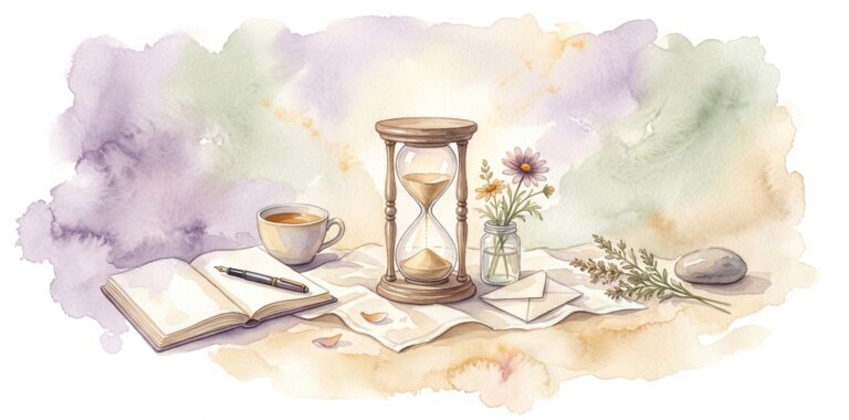 Vintage wooden hourglass in a dream on cream linen with sand falling in mid-flow and a wildflower in a small glass jar and a folded note beside it