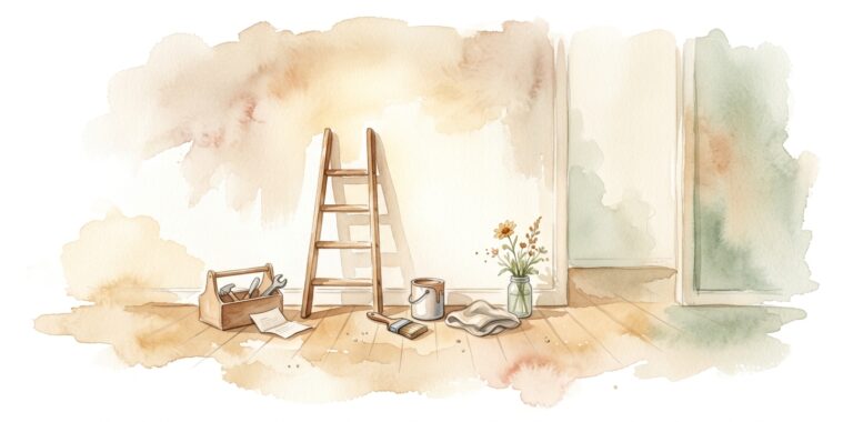 Small wooden ladder in a dream leaning against a freshly painted cream wall with a small ceramic paint can and a wide brush resting on the warm wooden floor