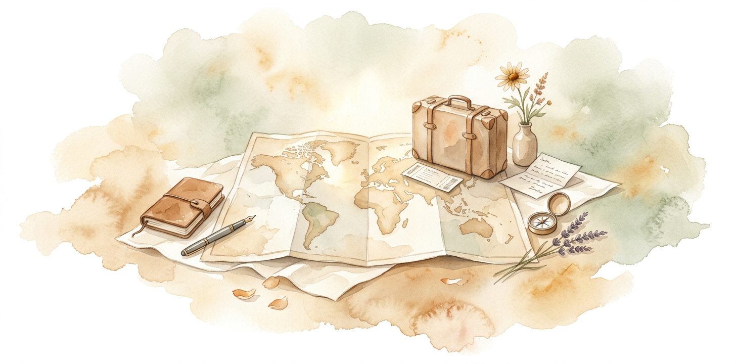 Old paper world map in a dream laid open on cream linen with a small vintage suitcase resting on its corner and a folded paper ticket and a wildflower beside