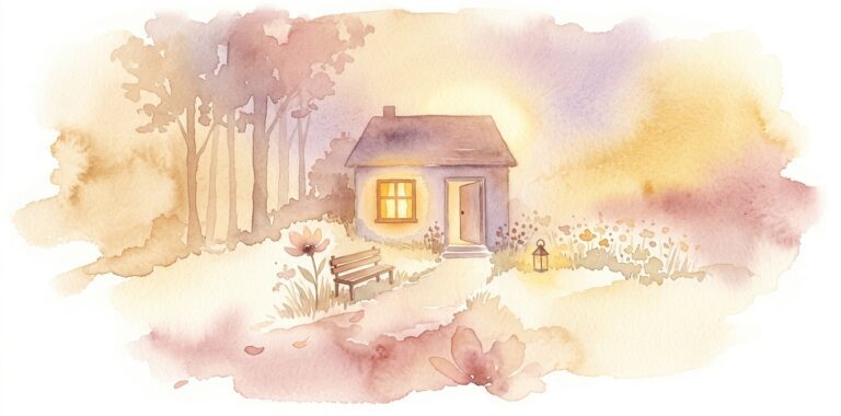 Pequeña casa en un sueño con una ventana iluminada en el atardecer suave y un sendero de jardín que conduce a su puerta abierta y una flor silvestre y un banco de madera al lado