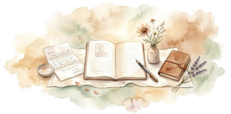 Open empty passport in a dream on cream linen with its photo page bare and lines waiting and a wildflower in a small ceramic vase and a fountain pen beside