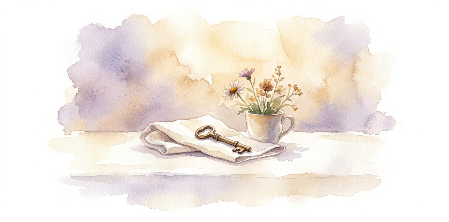 Pequeña llave antigua de latón en un sueño sobre lino marfil doblado junto a una flor silvestre en una taza de cerámica