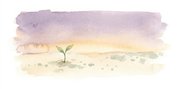 Small green sprout in a dream rising from cream earth under a wide dusty lavender dusk sky on a quiet horizon