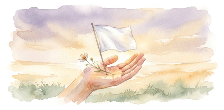 Open palm in a dream holding a small white flag of peace with a wildflower beside it in a warm field