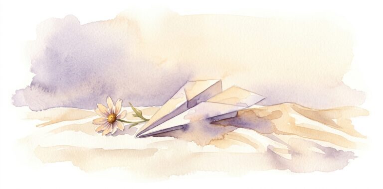 Pequeño avión de papel en un sueño descansando sobre lino crema con una flor silvestre al lado en un cielo cálido