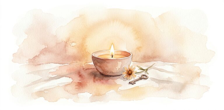 Small ceramic bowl in a dream on cream linen holding a quiet flame inside beside a wildflower and a key