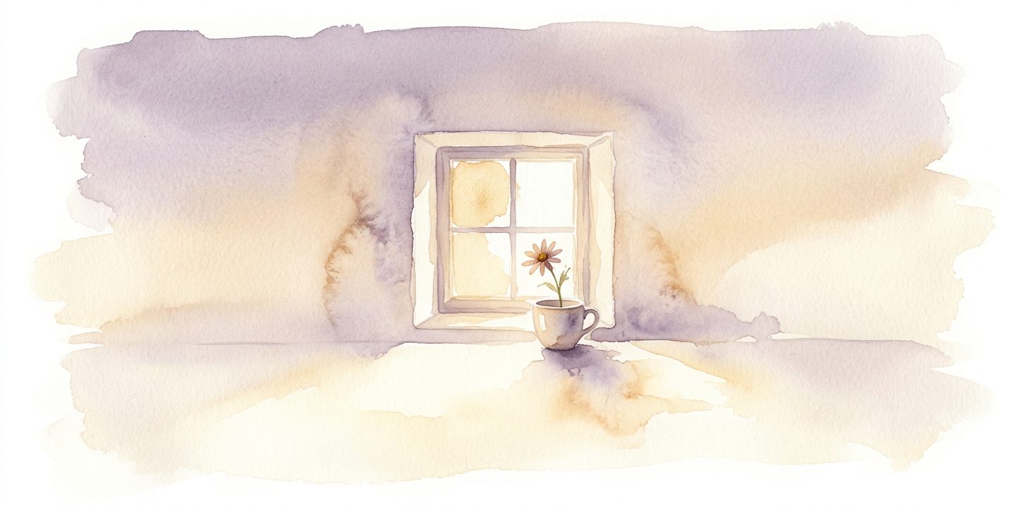 Small window in a dream with warm light pouring in and a wildflower in a ceramic cup on the pale sill