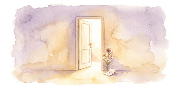 Open door in a dream with warm light spilling through and a wildflower and folded note beside it