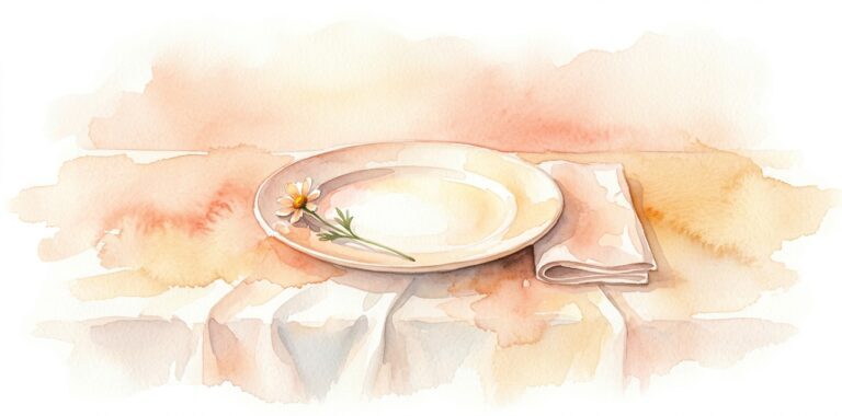 Empty plate in a dream on cream linen with a small wildflower lying on its rim and a folded napkin beside