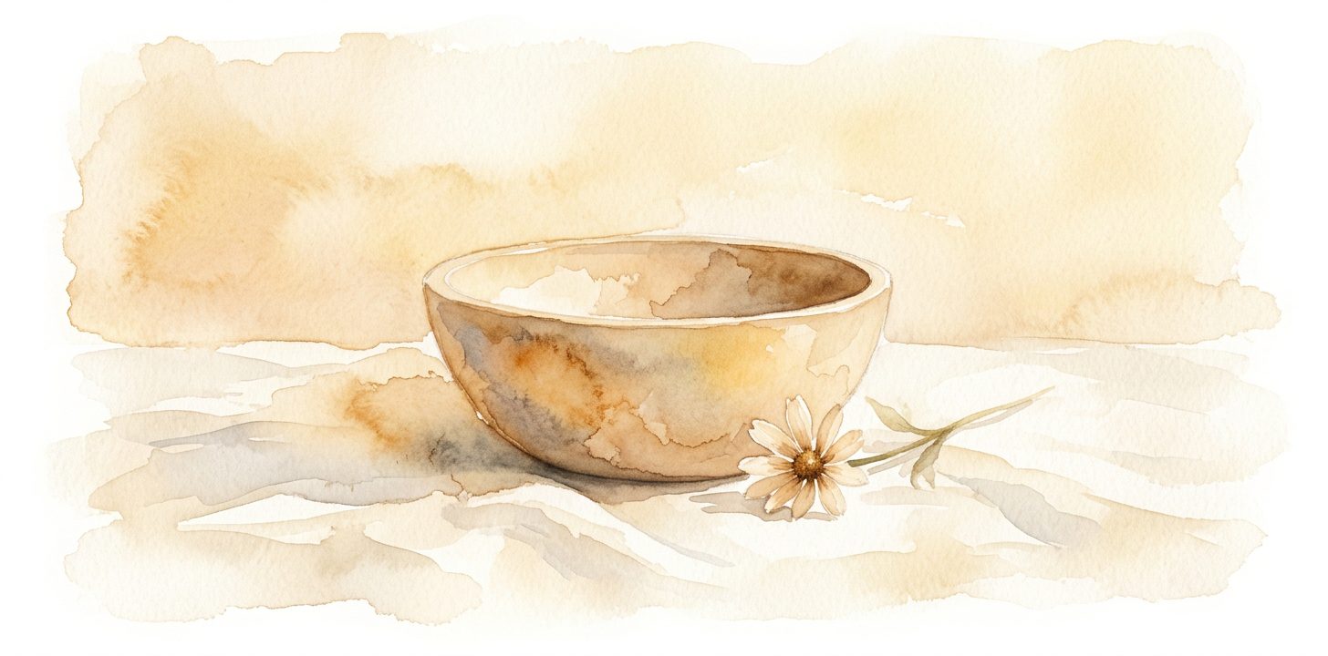Empty wooden bowl in a dream on cream linen with a single wildflower laid gently beside it in soft warm light