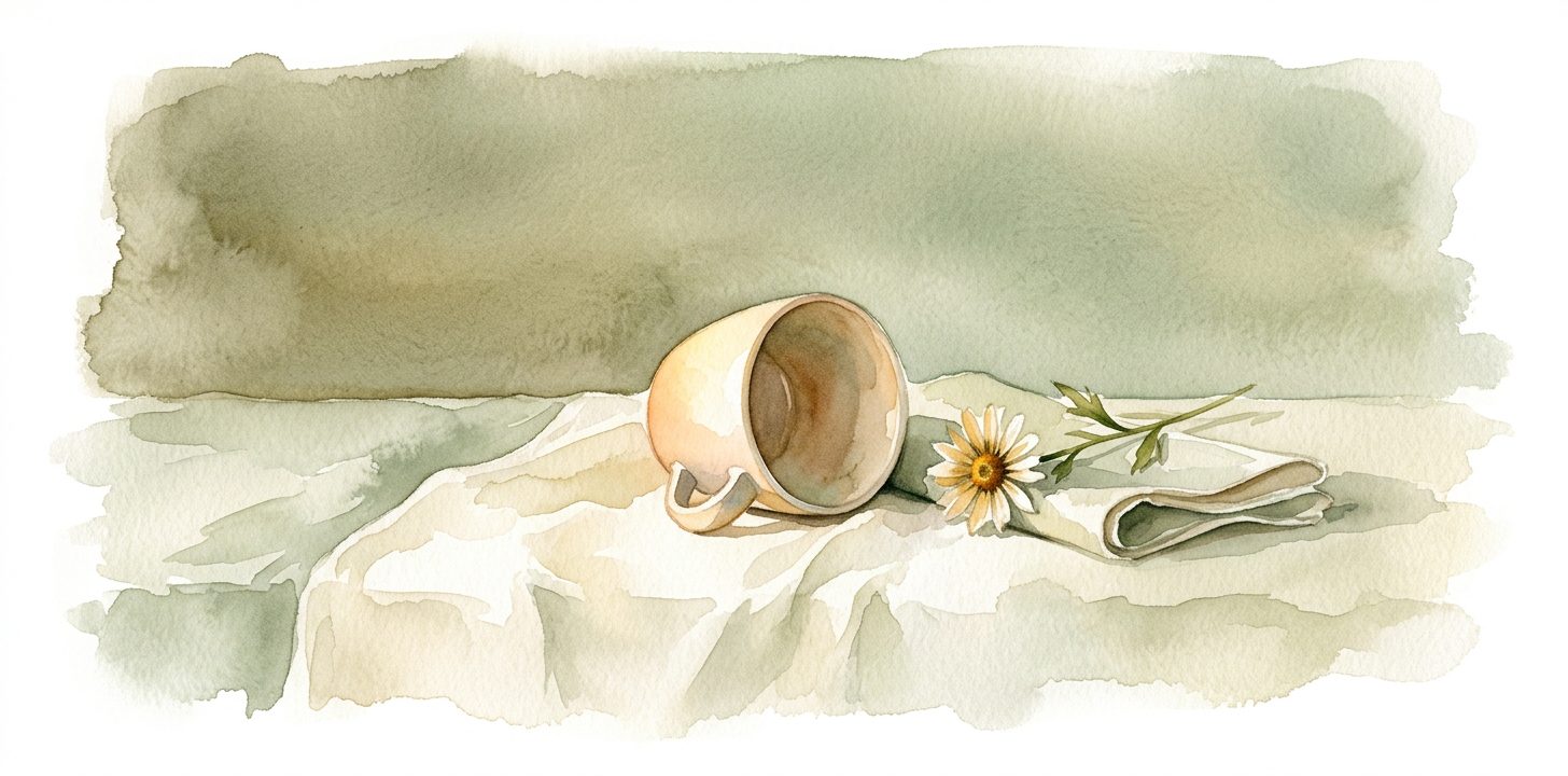Pequeña taza de cerámica en un sueño volcada sobre lino crema junto a una flor silvestre y una servilleta doblada