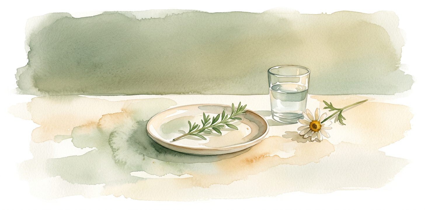 Small ceramic plate in a dream with a fresh herb sprig beside a glass of water and a wildflower