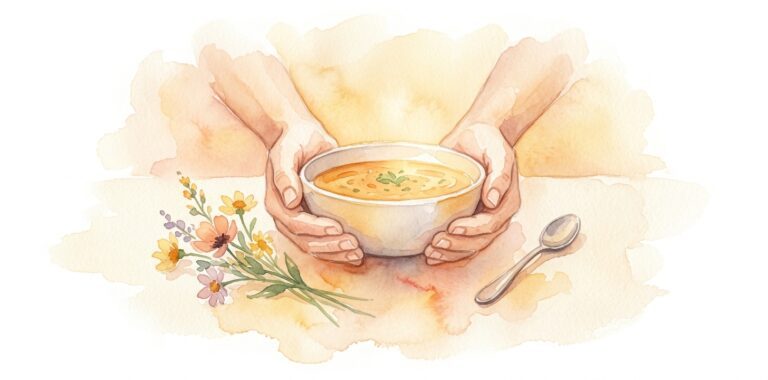 Dos manos abiertas en un sueño que sostienen un cuenco de sopa caliente con una pequeña cuchara y una flor silvestre al lado