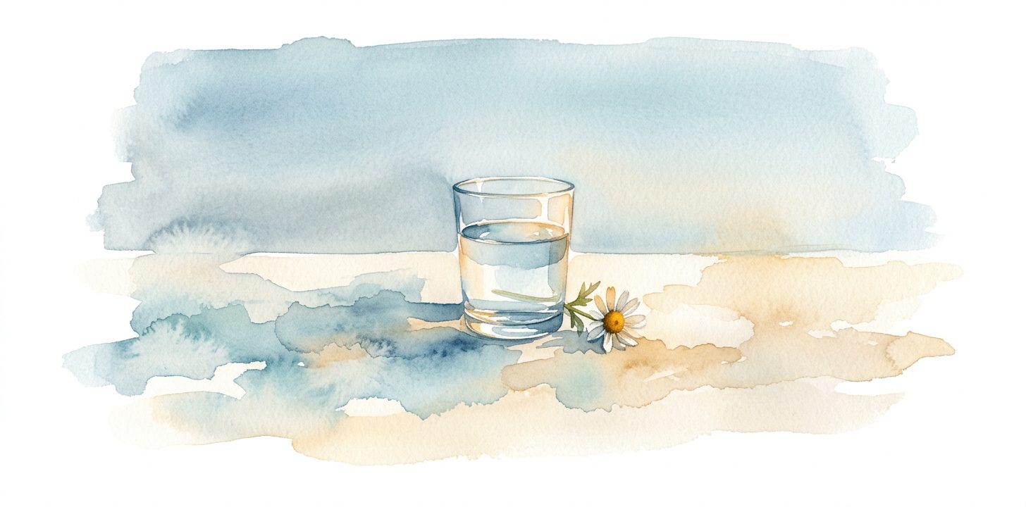 Vaso transparente de agua en un sueño sobre lino crema con una flor silvestre al lado bajo un cielo azul suave