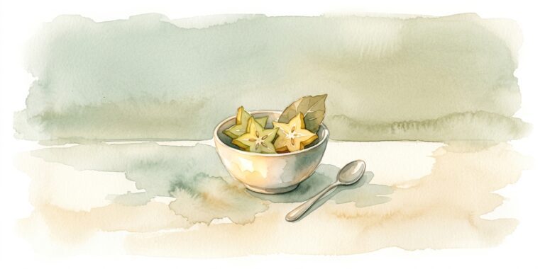 Small ceramic bowl in a dream with a star-shaped sliced fruit and an unknown leaf and a spoon beside it