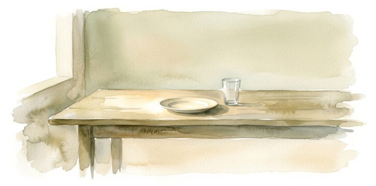 Long wooden table in a dream with one empty plate and one empty glass standing in soft olive and warm sand light