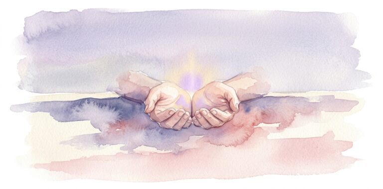 Two open palms in a dream cradling a soft glow of golden lavender light under a pale lavender atmosphere