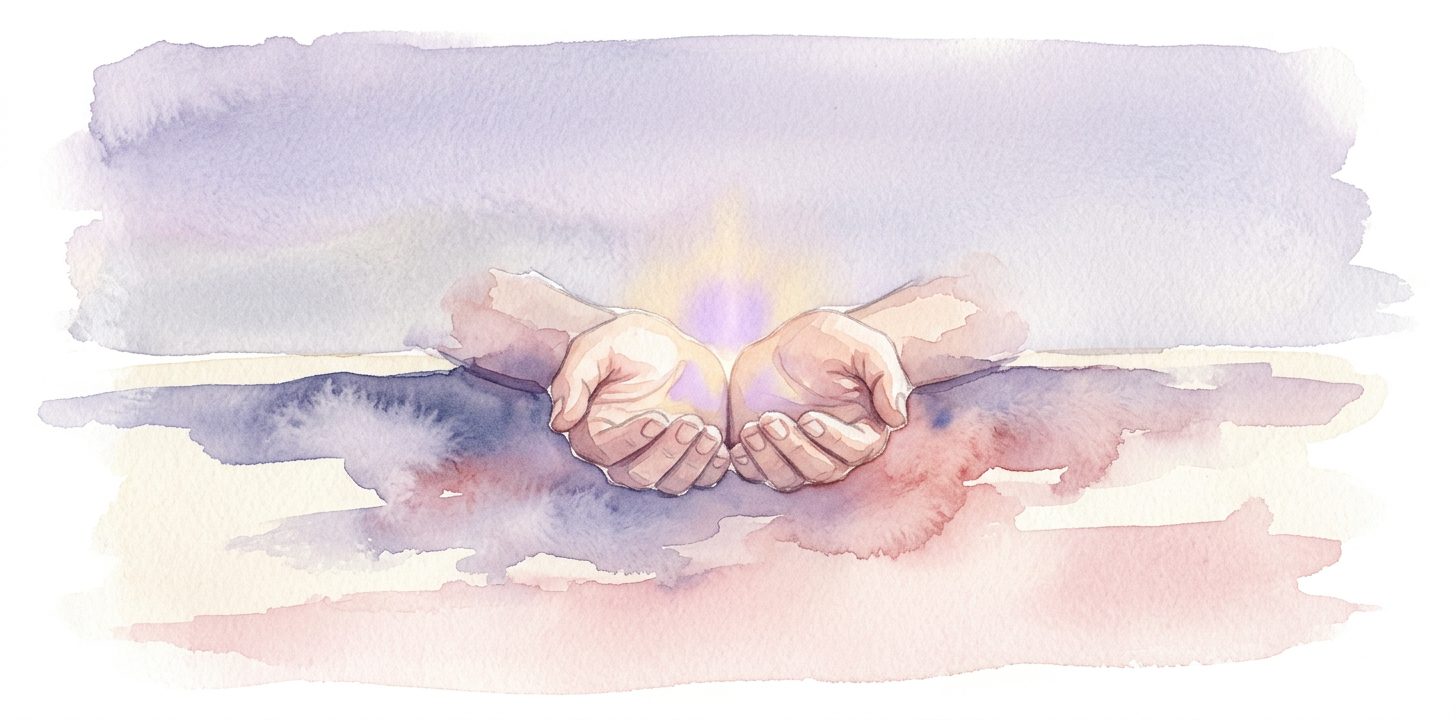 Two open palms in a dream cradling a soft glow of golden lavender light under a pale lavender atmosphere