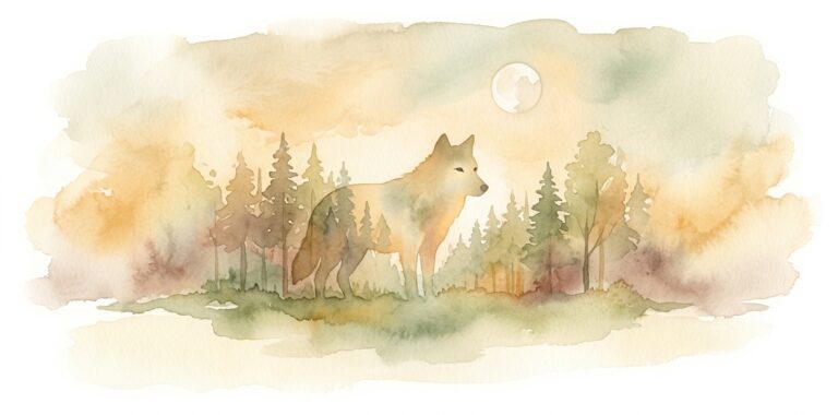 Silueta tranquila de lobo en un sueño emergiendo a medias entre los árboles del bosque con una luna pálida en un cielo ocre