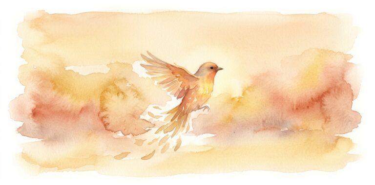 Single bird in a dream with plumage glowing with slow inner fire and lower feathers turning into golden ash